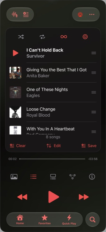 Ricorda's queue with song order, playback, and save controls